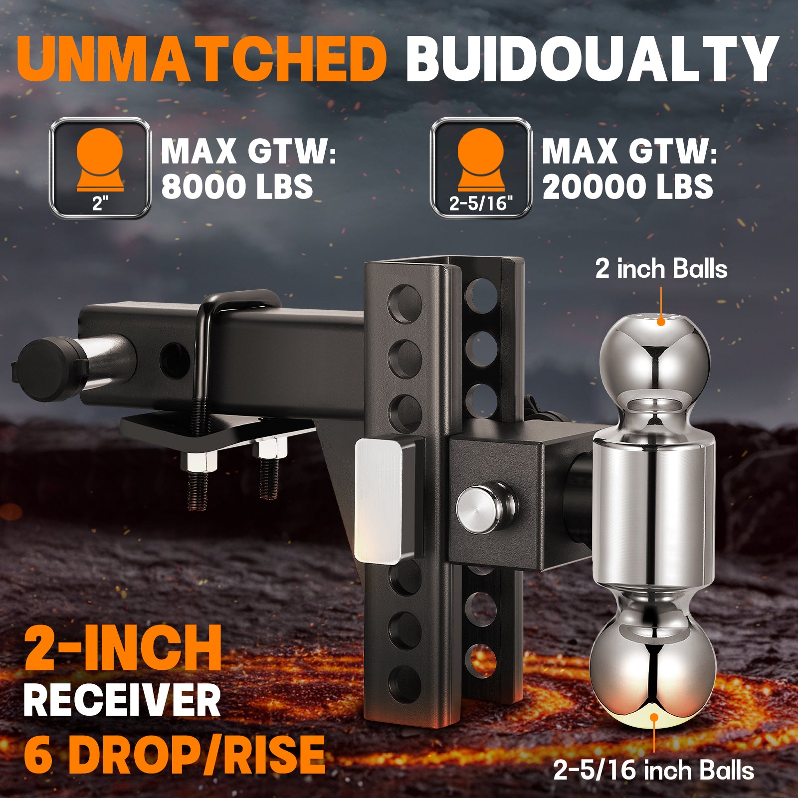 Heavy Duty Adjustable Trailer Hitch for 2" Receiver, 20,000 lbs GTW Aluminum Drop Hitch with 6" Drop/Rise, Dual Ball Mount (2" & 2-5/16") and 2 Anti-Theft Locking Pins - Filluck