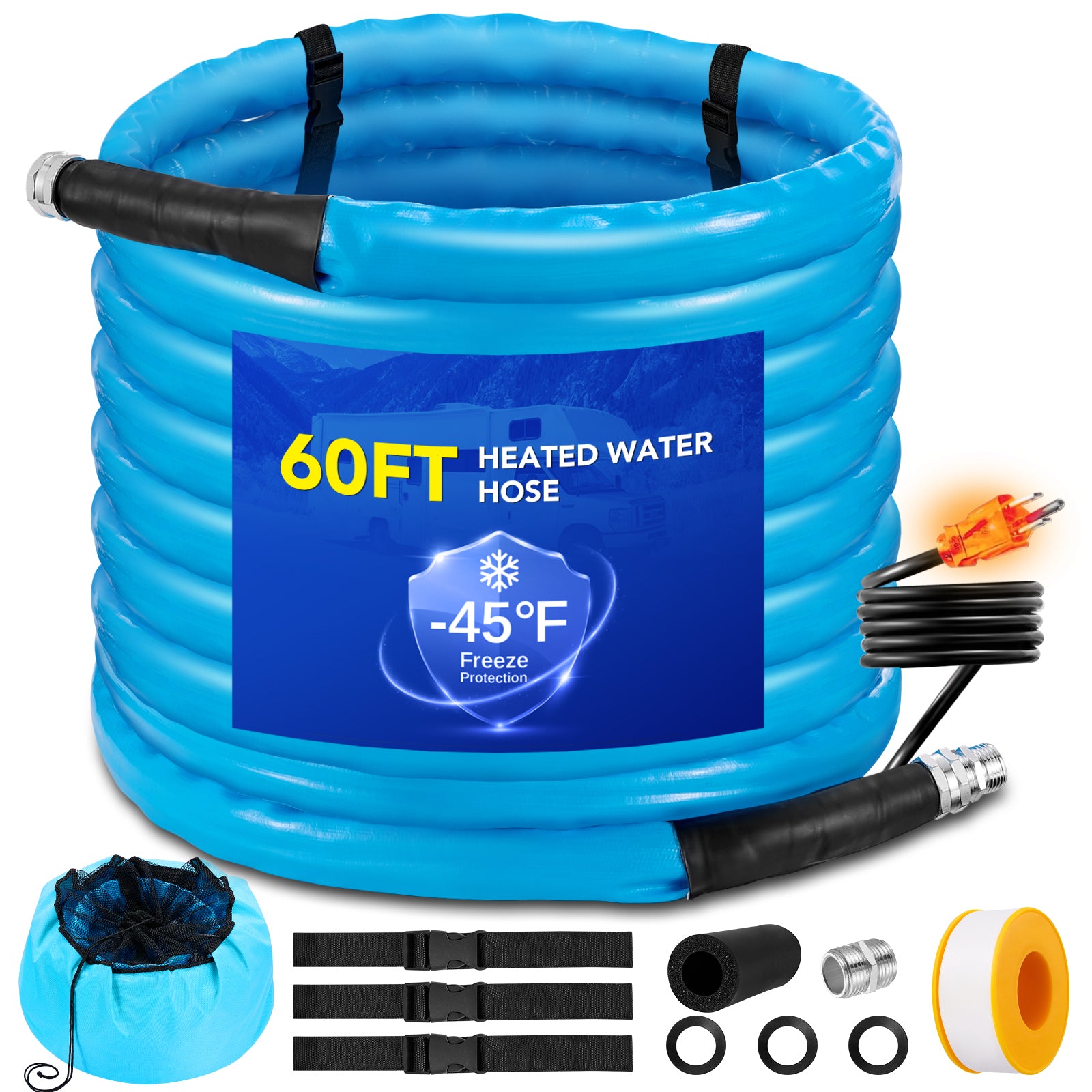 Heated RV Water Hose 60 Ft - Freeze Protection -45°F, 450PSI Heavy Duty, Energy-Saving Thermostat, Easy Install, 5/8" with Storage Bag - Filluck