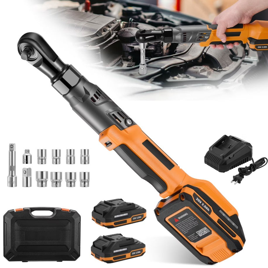 3/8" Cordless Electric Ratchet Wrench Set, 20V 66Ft-lbs(90 N.M) 250RPM Power Ratchet Tool Kit with 2x 2.0A Batteries, Charger & 8 Sockets Brushless Impact Wrench for Vehicles Appliances