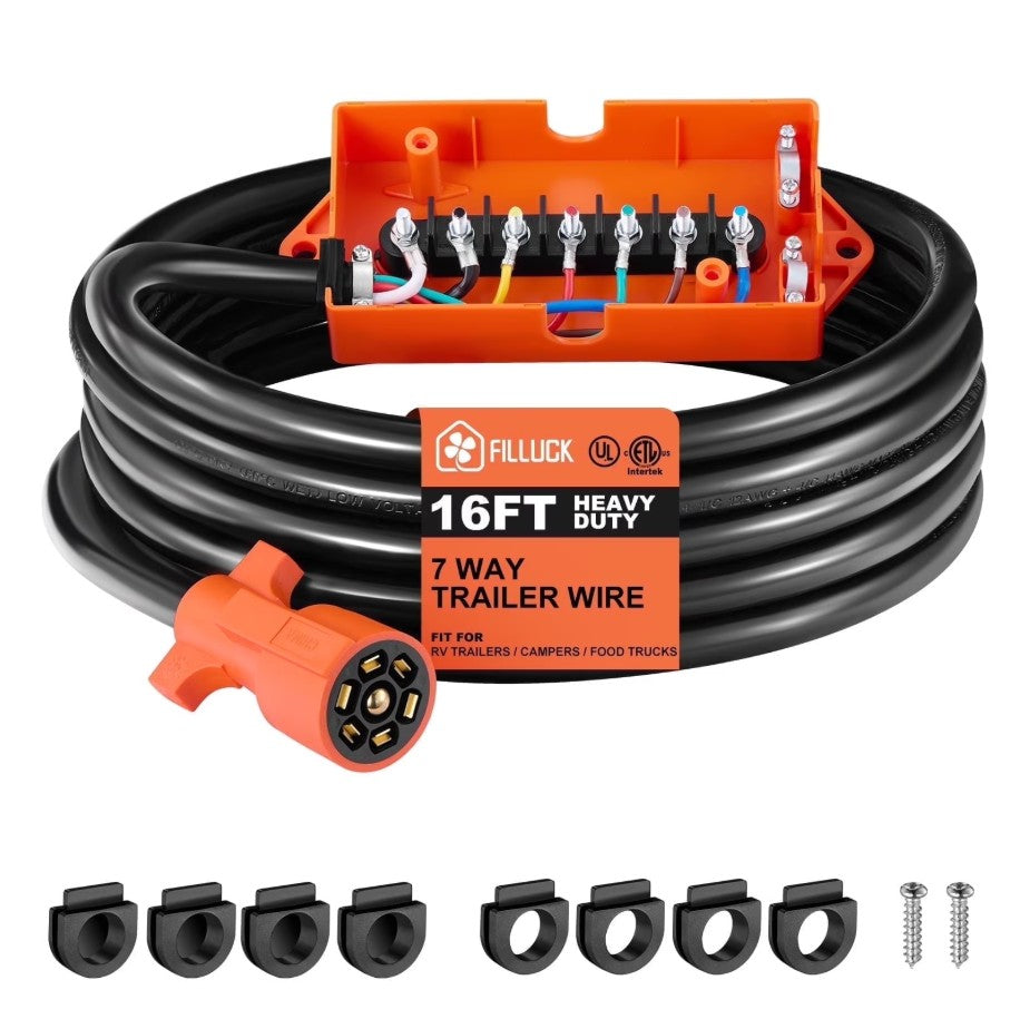 7-Pin/7-Way Trailer Wiring Harness with Junction Box, Heavy Duty, RVIA/NFPA 1192 Certified, Brake Lights & Electric Brake Control Compatible with RV, Camper, Travel Trailer