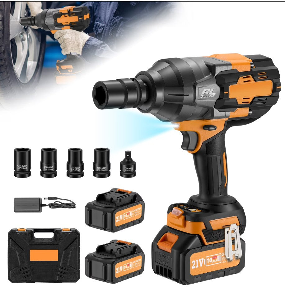 3/4" Cordless Impact Wrench Kit, 1800N·m High Torque Brushless Motor, 21V 4.0Ah x2 Battery, 12PCS Socket Set for Car, Truck, RV, Farm & DIY