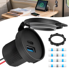 12V/24V USB Outlet, 36W Dual USB-C PD3.0 & USB-A QC3.0 Fast Charger with Recessed Mount, Waterproof Socket for RV, Camper, Boat,Truck,Trailer, Golf Cart