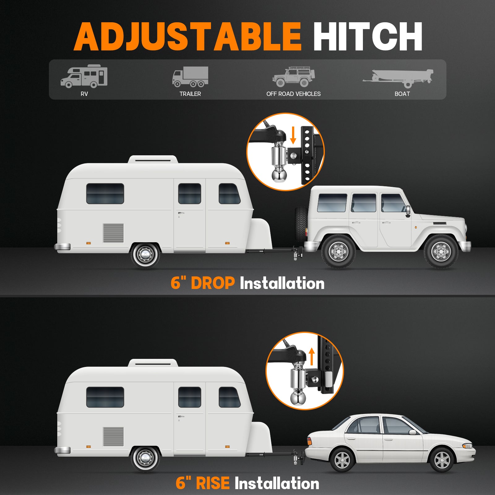 Heavy Duty Adjustable Trailer Hitch for 2" Receiver, 20,000 lbs GTW Aluminum Drop Hitch with 6" Drop/Rise, Dual Ball Mount (2" & 2-5/16") and 2 Anti-Theft Locking Pins - Filluck