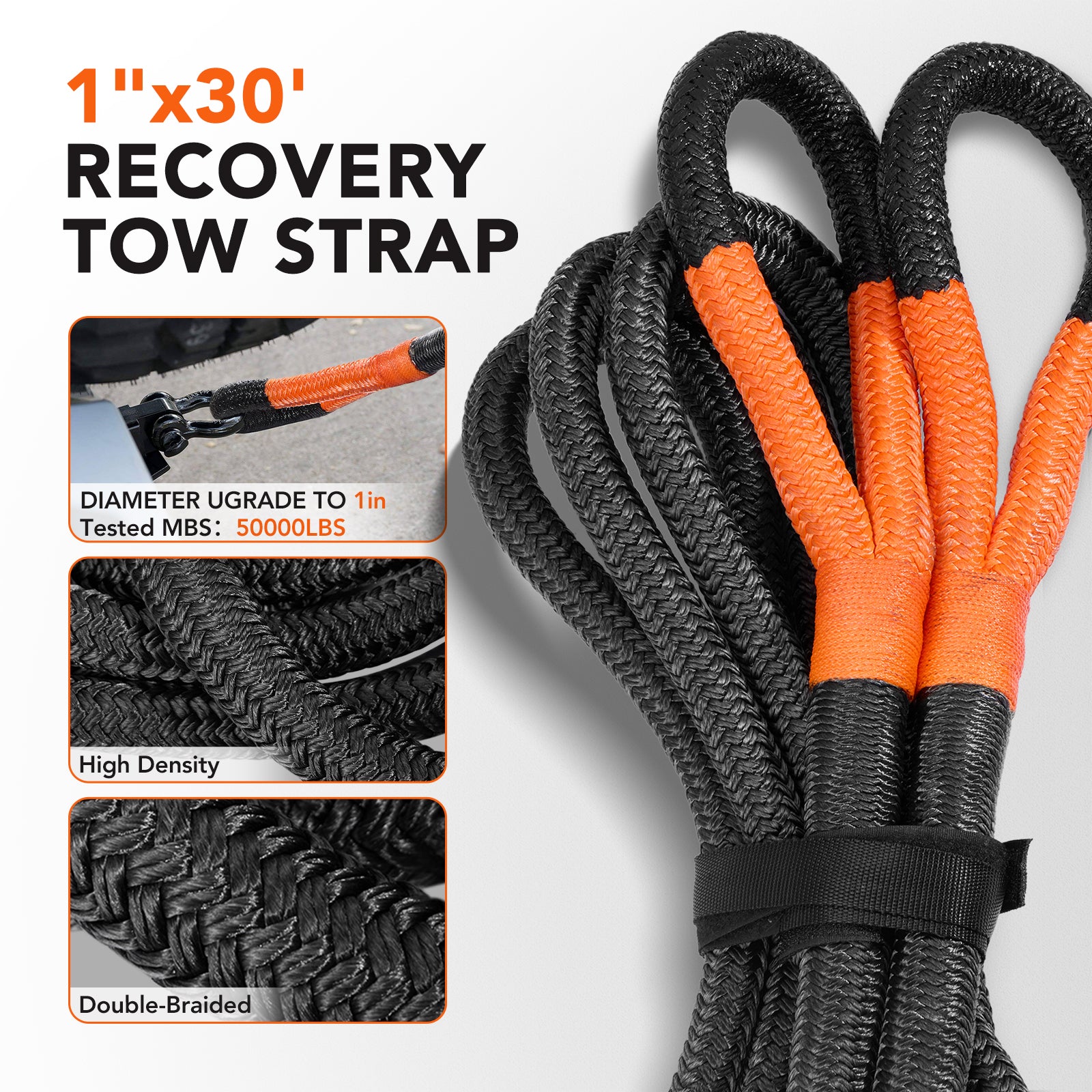 Kinetic Recovery Tow Rope, 1" x 30FT 50000LBS with Two Soft Shackles Heavy Duty Off Road Snatch Strap, 35% High Elasticity Recovery Strap Kit for Truck, Tractor, Car, ATV, UTV, Jeep - Filluck
