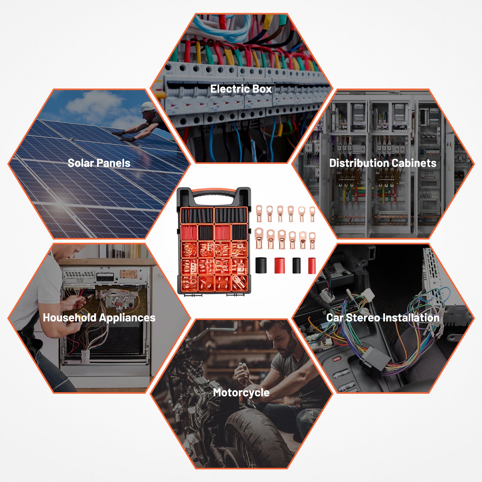 Filluck 227PCS Battery Cable Ends Kit, 1/0 2/0 2 4 6 8 AWG Copper Wire Lugs with 3:1 Heat Shrink Tubing, Ring Battery Terminal Connectors for Automotive, RV, Marine, Solar Systems - Filluck