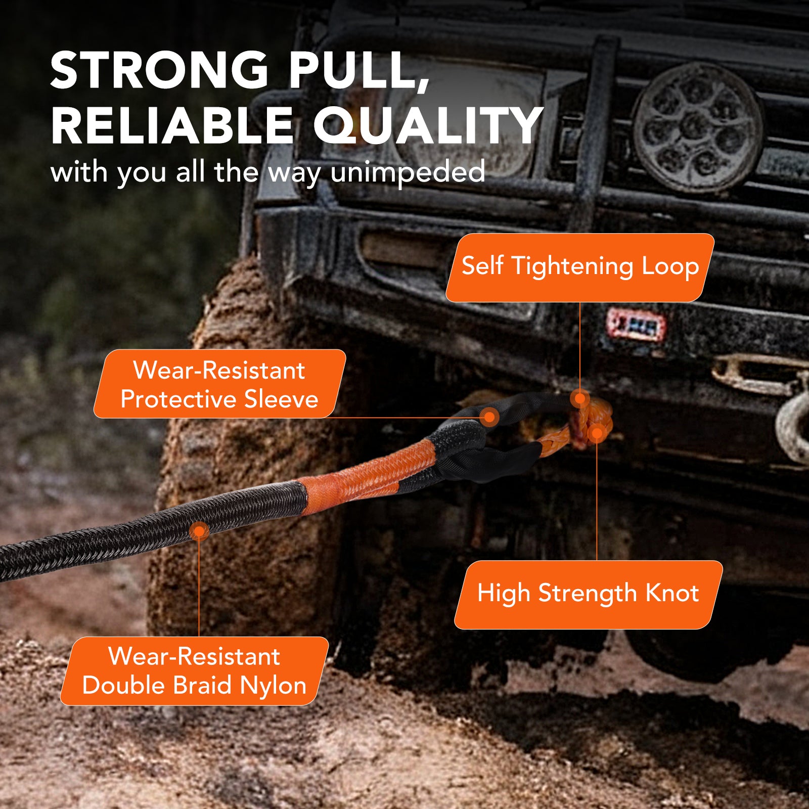 Kinetic Recovery Tow Rope, 1" x 30FT 50000LBS with Two Soft Shackles Heavy Duty Off Road Snatch Strap, 35% High Elasticity Recovery Strap Kit for Truck, Tractor, Car, ATV, UTV, Jeep - Filluck