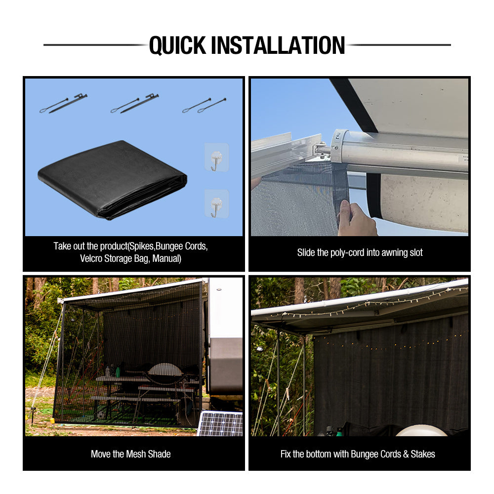 Filluck Black RV Awning Shade Screen 87% UV Block, Cool Breeze, Zip Adjustable Privacy Mesh, Durable Universal Trailer Camper RV Awning Screen with Complete Kits 9*19FT - Filluck