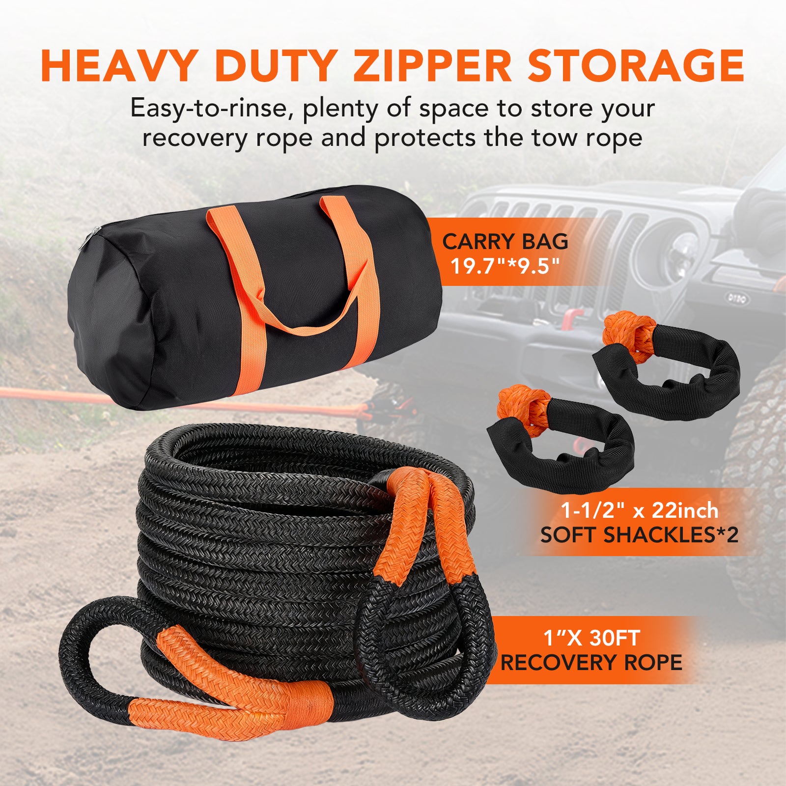 Kinetic Recovery Tow Rope, 1" x 30FT 50000LBS with Two Soft Shackles Heavy Duty Off Road Snatch Strap, 35% High Elasticity Recovery Strap Kit for Truck, Tractor, Car, ATV, UTV, Jeep - Filluck