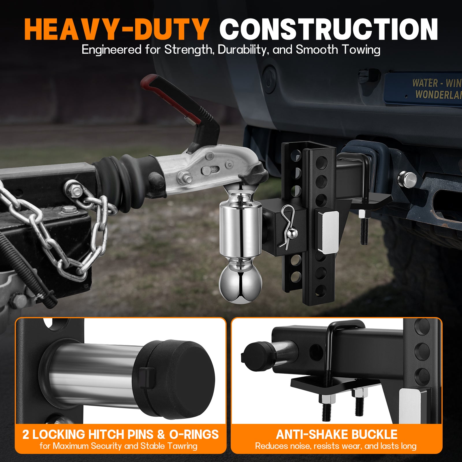 Heavy Duty Adjustable Trailer Hitch for 2" Receiver, 20,000 lbs GTW Aluminum Drop Hitch with 6" Drop/Rise, Dual Ball Mount (2" & 2-5/16") and 2 Anti-Theft Locking Pins - Filluck