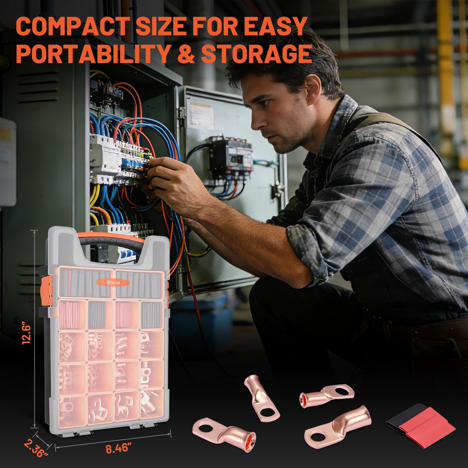 Filluck 227PCS Battery Cable Ends Kit, 1/0 2/0 2 4 6 8 AWG Copper Wire Lugs with 3:1 Heat Shrink Tubing, Ring Battery Terminal Connectors for Automotive, RV, Marine, Solar Systems - Filluck