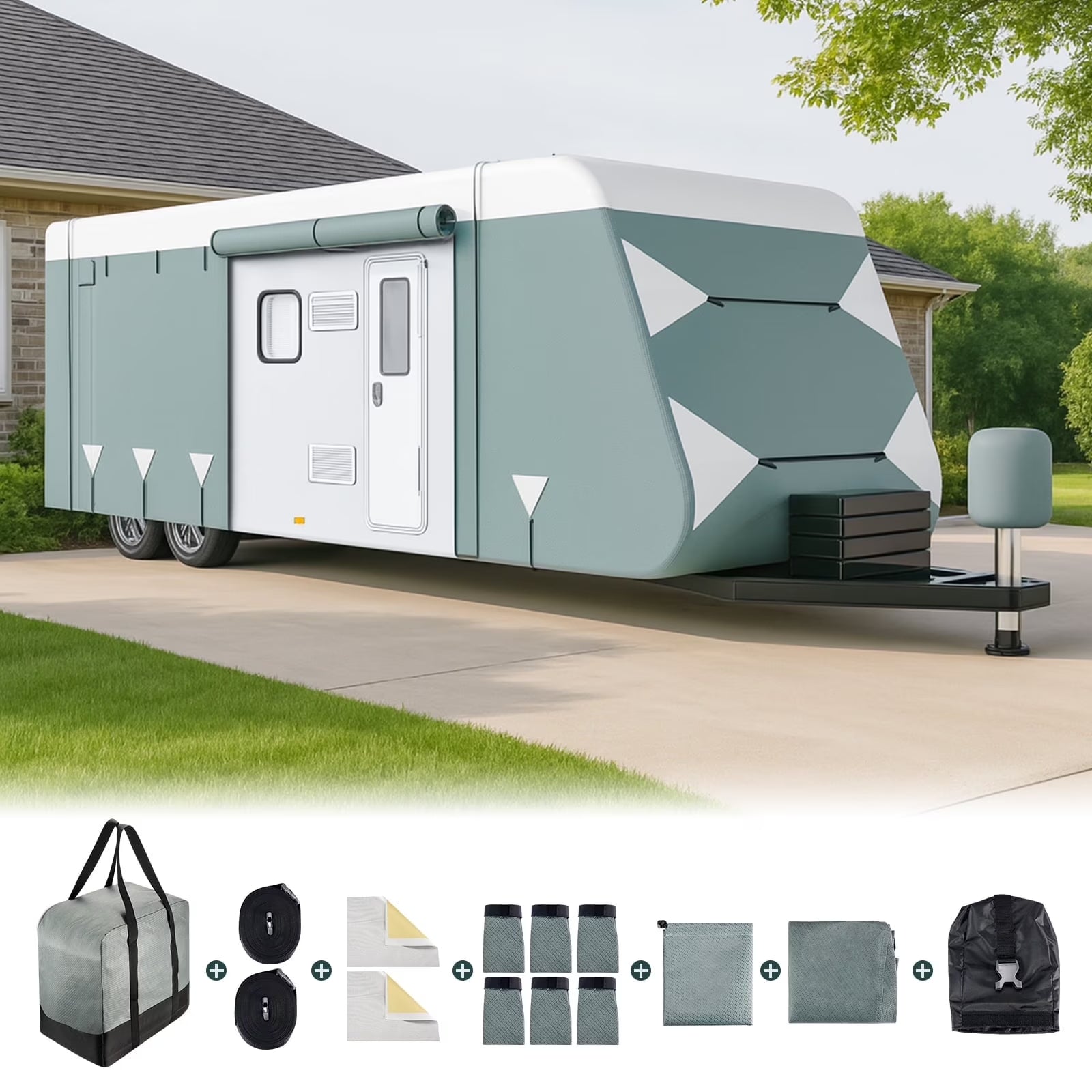 Filluck Travel Trailer RV Cover, 31.7-34 FT Heavy Duty 6 Layers Thick Camper Cover, Waterproof UV Resistant with Repair Patches, Windproof Straps, Gutter & Jack Covers, RV Trailer Camper Accessories - Filluck
