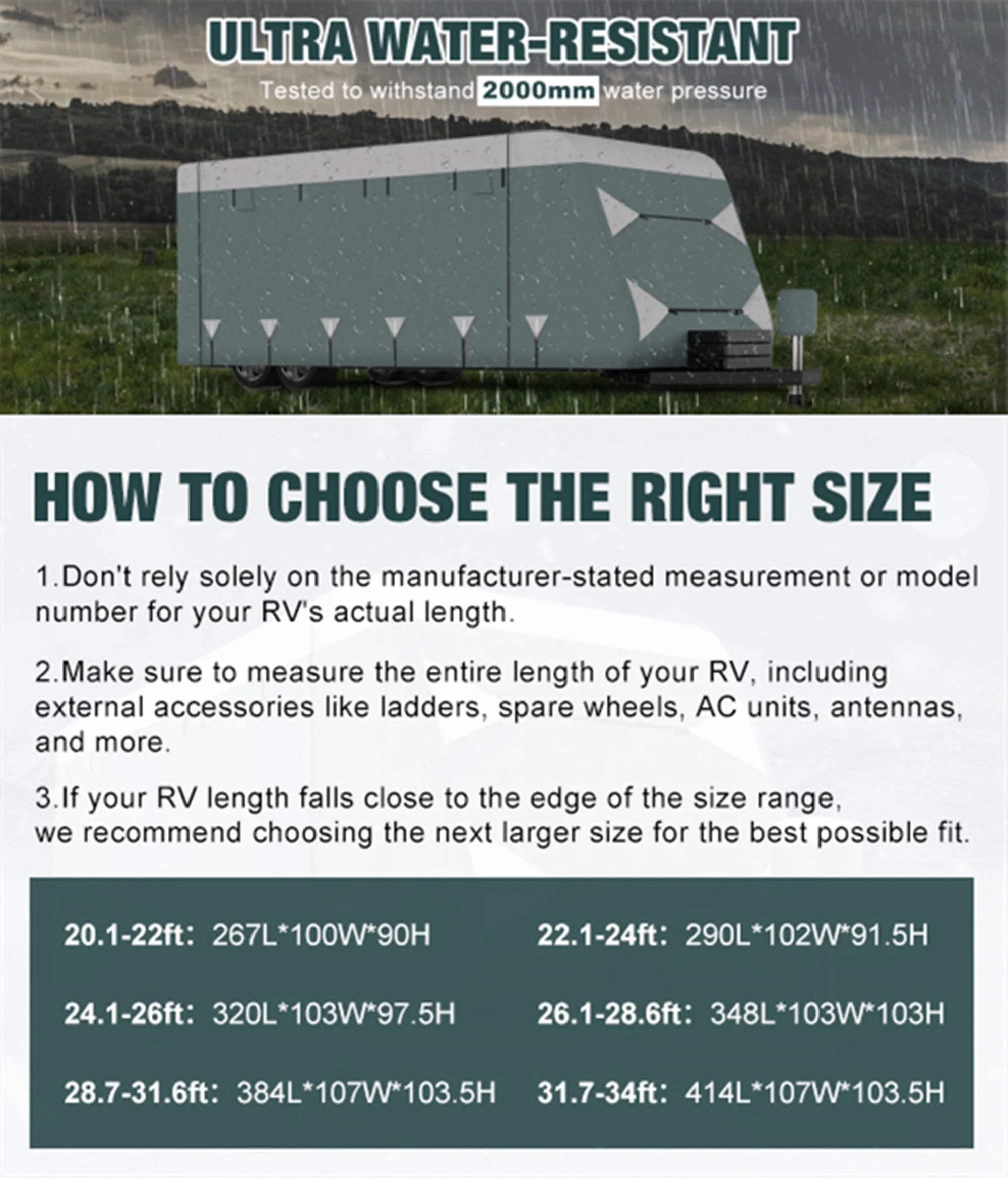 Filluck Travel Trailer RV Cover, 31.7-34 FT Heavy Duty 6 Layers Thick Camper Cover, Waterproof UV Resistant with Repair Patches, Windproof Straps, Gutter & Jack Covers, RV Trailer Camper Accessories - Filluck