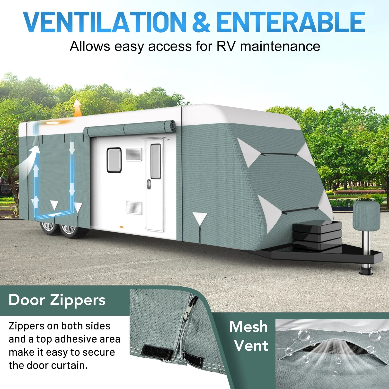 Filluck Travel Trailer RV Cover, 31.7-34 FT Heavy Duty 6 Layers Thick Camper Cover, Waterproof UV Resistant with Repair Patches, Windproof Straps, Gutter & Jack Covers, RV Trailer Camper Accessories - Filluck