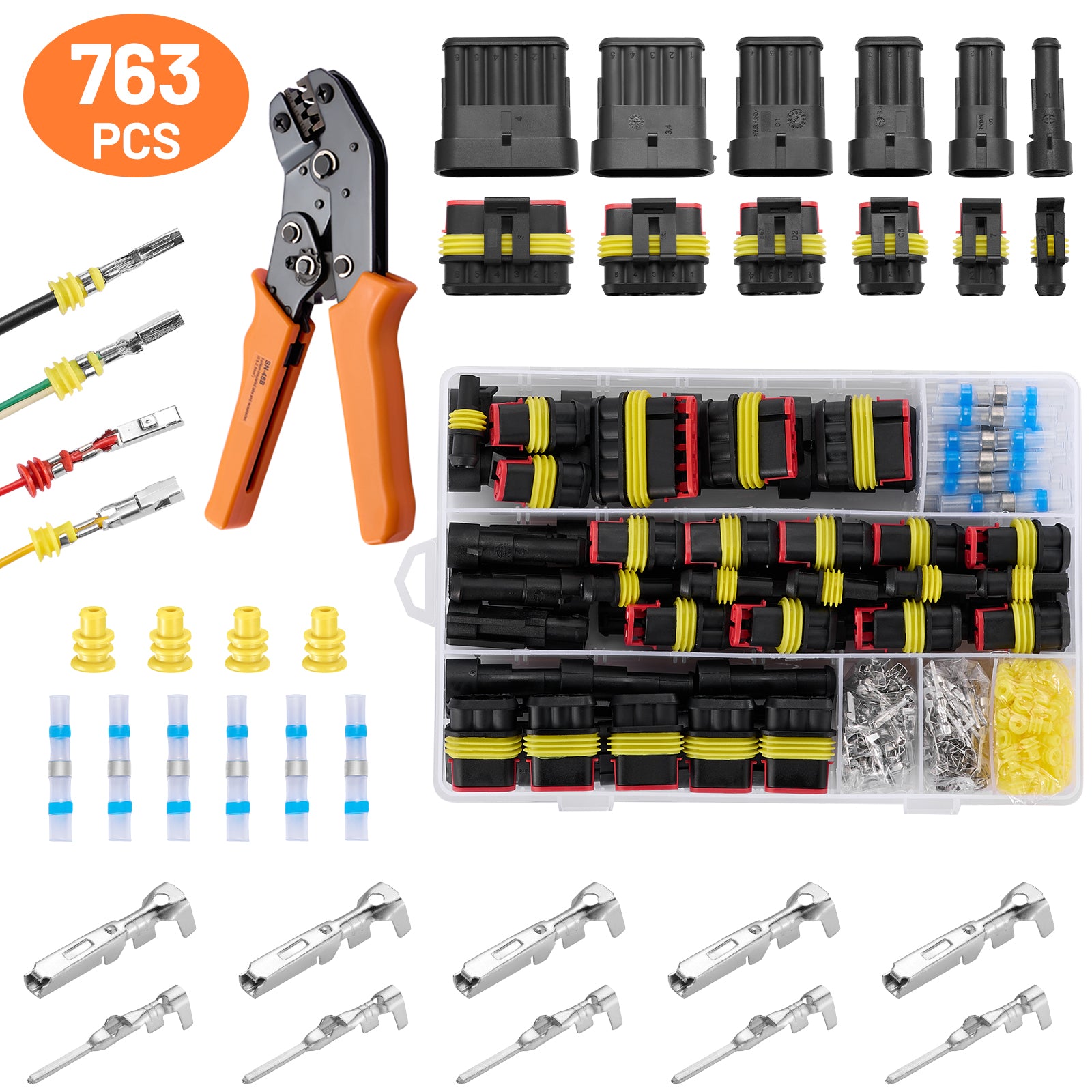 Filluck 763PCS Waterproof Wire Connectors, 41 Sets 1/2/3/4/5/6 Pin Car Electrical Terminal Connectors Kit with 22-16 AWG Wire Crimping Tool for Car Truck Motorcycle Boat Marine - Filluck