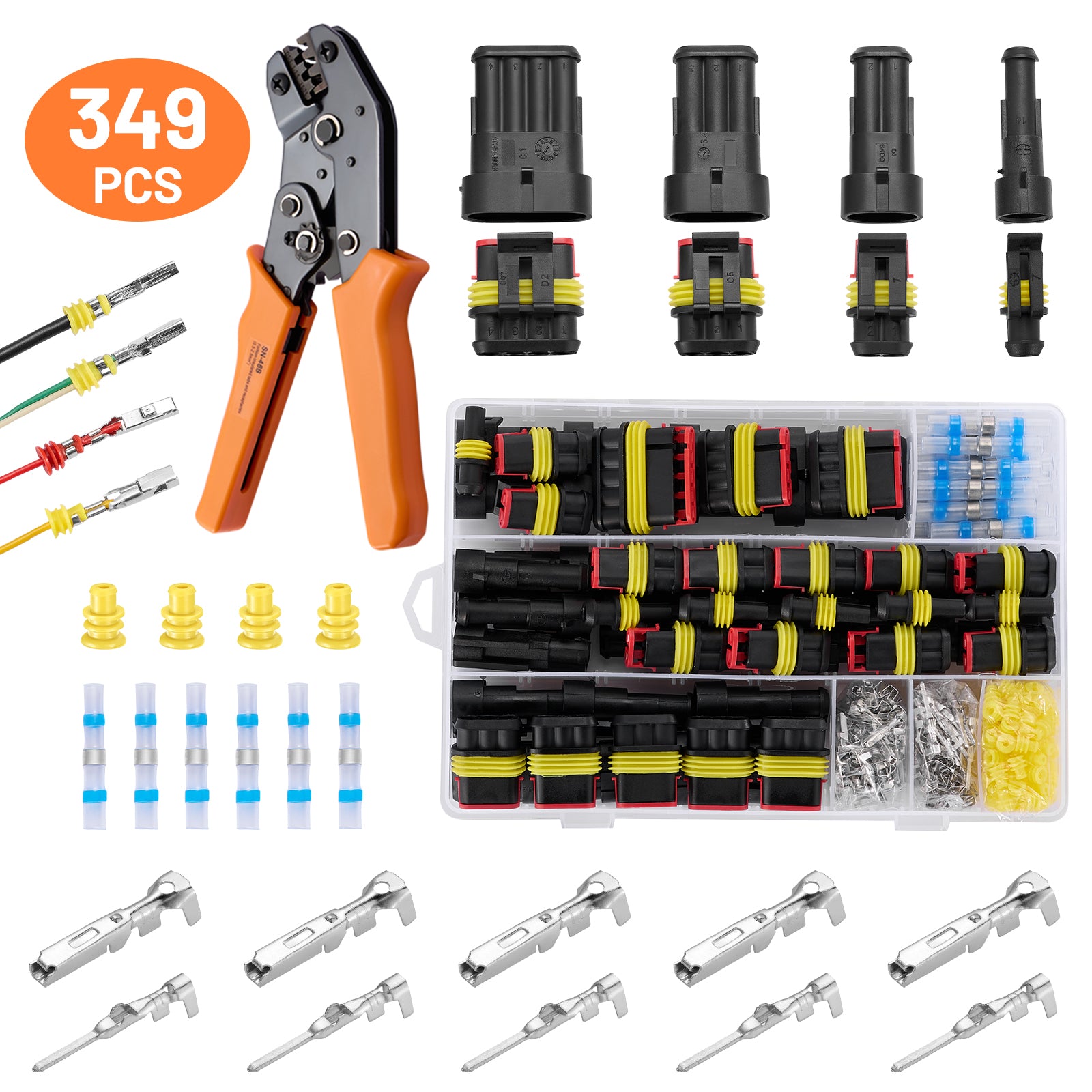 Filluck 349PCS Waterproof Wire Connectors, 24 Sets 1/2/3/4 Pin Car Electrical Terminal Connectors Kit with 22-16 AWG Wire Crimping Tool for Car Truck Motorcycle Boat Marine - Filluck