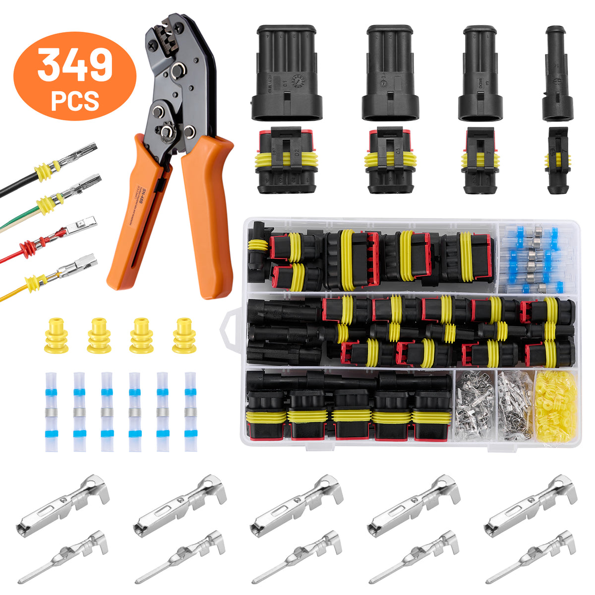 Filluck 349PCS Waterproof Wire Connectors, 24 Sets 1/2/3/4 Pin Car Electrical Terminal Connectors Kit with 22-16 AWG Wire Crimping Tool for Car Truck Motorcycle Boat Marine - Filluck