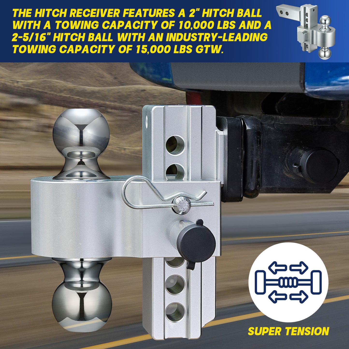 Adjustable Trailer Hitch with GTW 15000LBS 6" Up/Down | Filluck