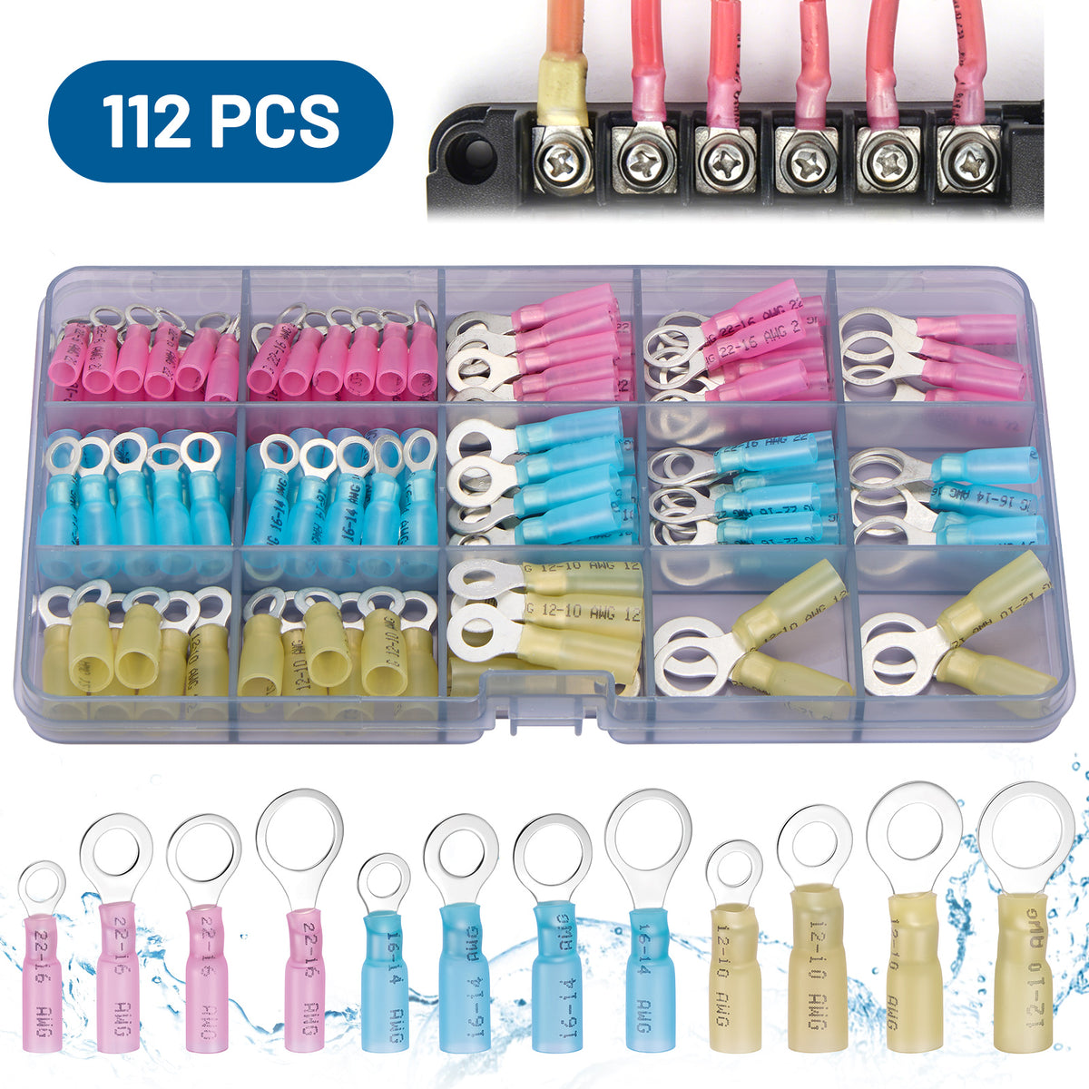 Filluck 112PCS Heat Shrink Ring Terminals, AWG 22-10 Heat Shrink Wire Connectors, Marine Grade Tinned Red Copper, Electrical Waterproof Insulated Ring Terminals Kit for Industrial, Automotive, Boat